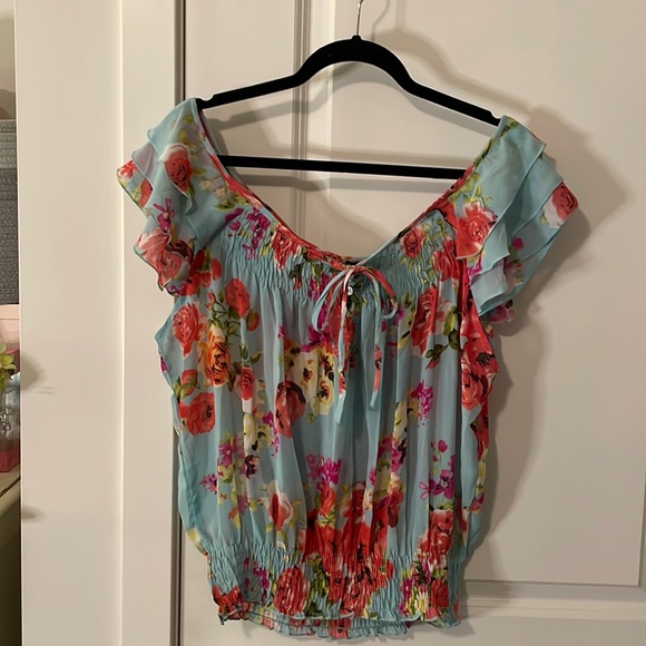 Fun & Flirt by Japna Tops - Blue Floral Off Shoulder or On Ruffle Sleeves Blouse